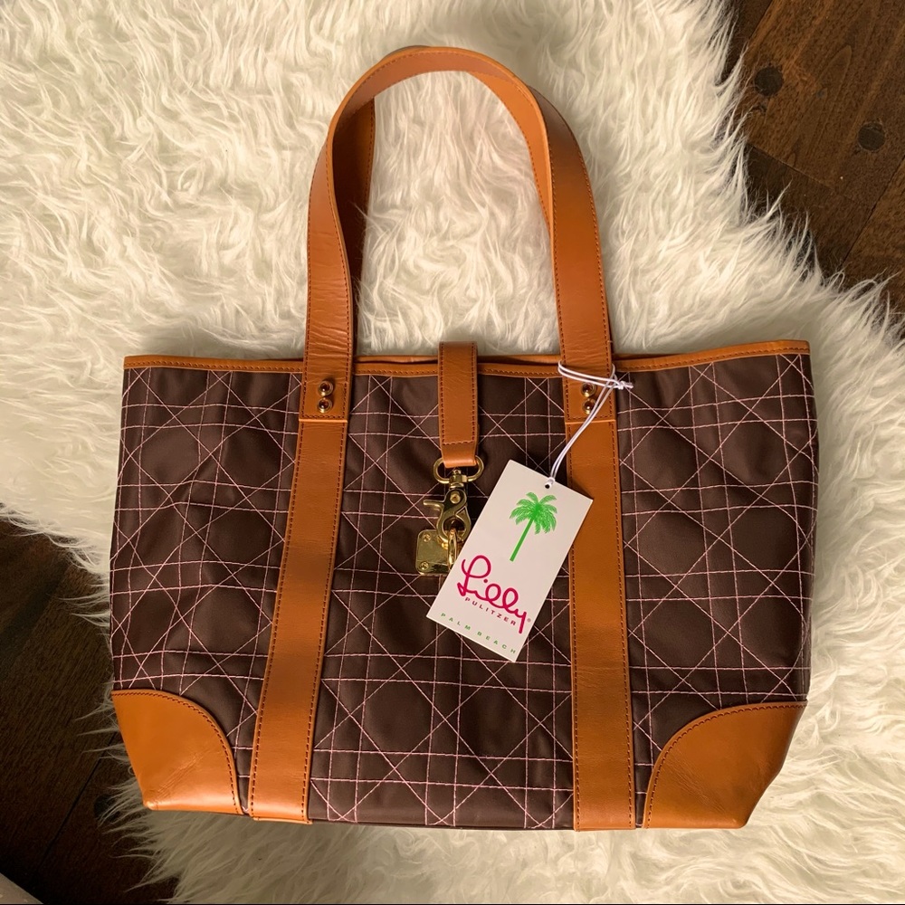 Lilly Pulitzer tote bag brown pink vegan leather style “Off the Wagon” NEW NWT